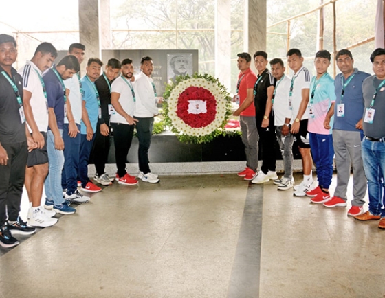 Kabaddi team of various countries pay tribute on Bangabndhus portrait.